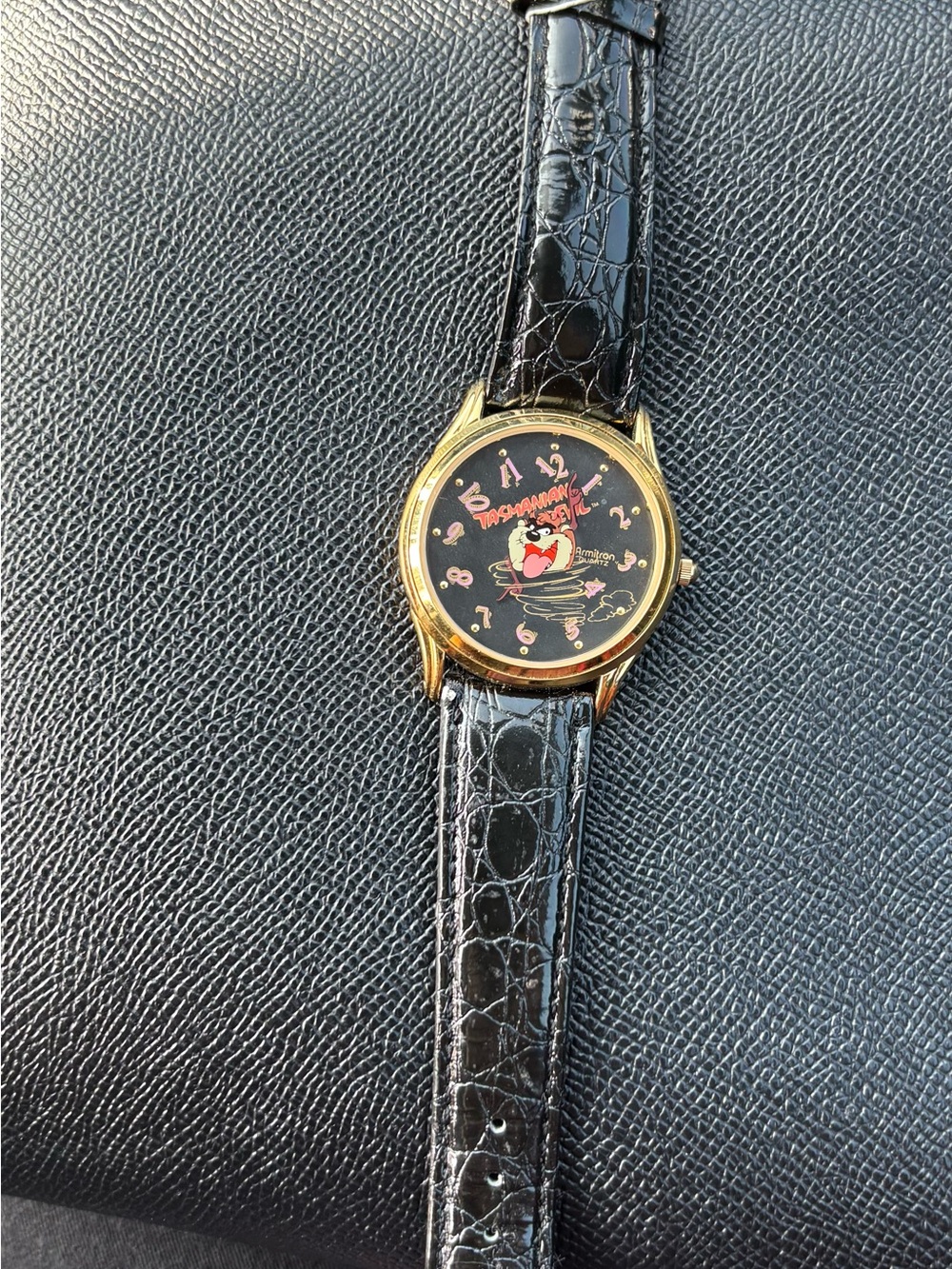 Tazmanian Devil Gold-Tone Watch with Black Croc Strap